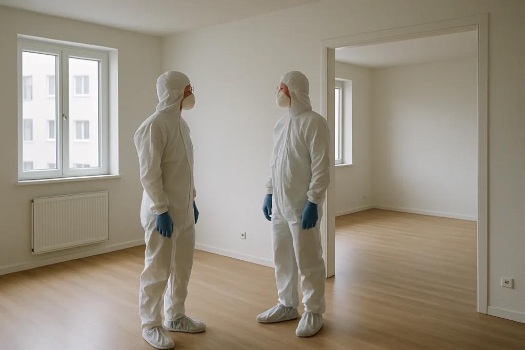 Professionnels en combinaisons de sécurité nettoyant un appartement vide