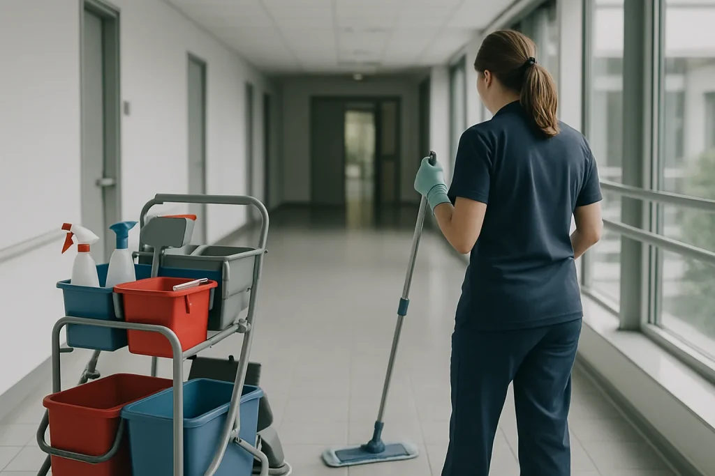 Technicien en nettoyage dans un appartement insalubre à GENLIS, avec équipements de nettoyage.