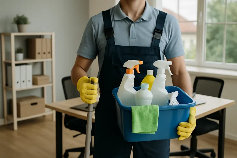 Espace de travail d'une entreprise de nettoyage à Semur-en-Auxois avec des produits de nettoyage.