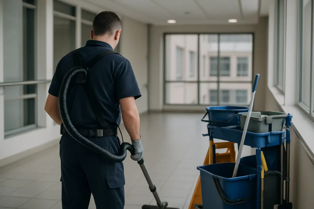 Un agent de nettoyage dans un appartement propre à Montbard, en train d'aspirer le sol.