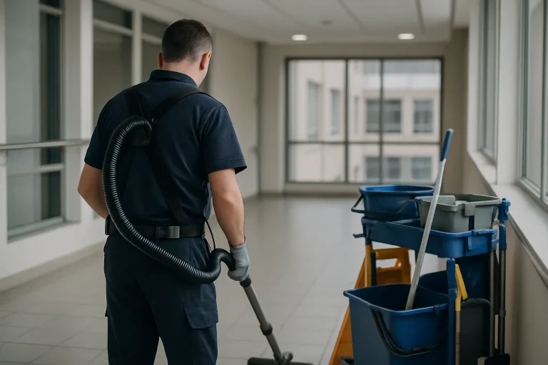 Un agent de nettoyage dans un appartement propre à Montbard, en train d'aspirer le sol.