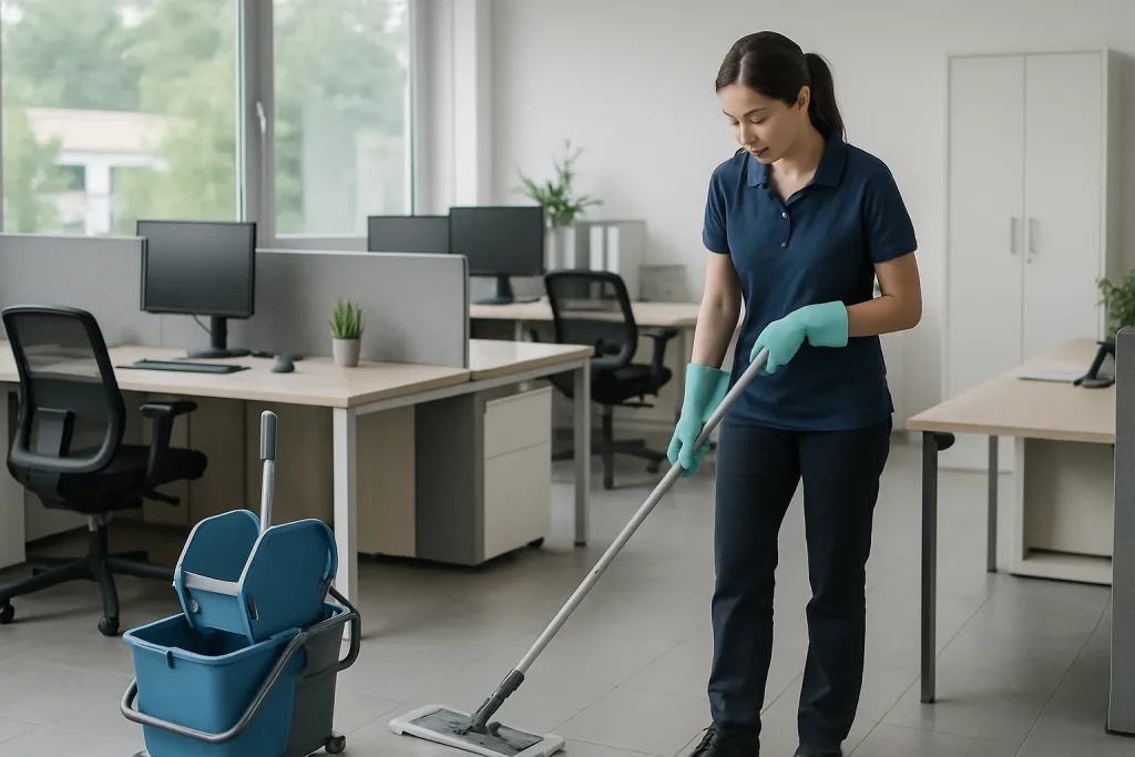 Un employé de nettoyage désinfecte un bureau dans un immeuble moderne à Saint-Apollinaire.