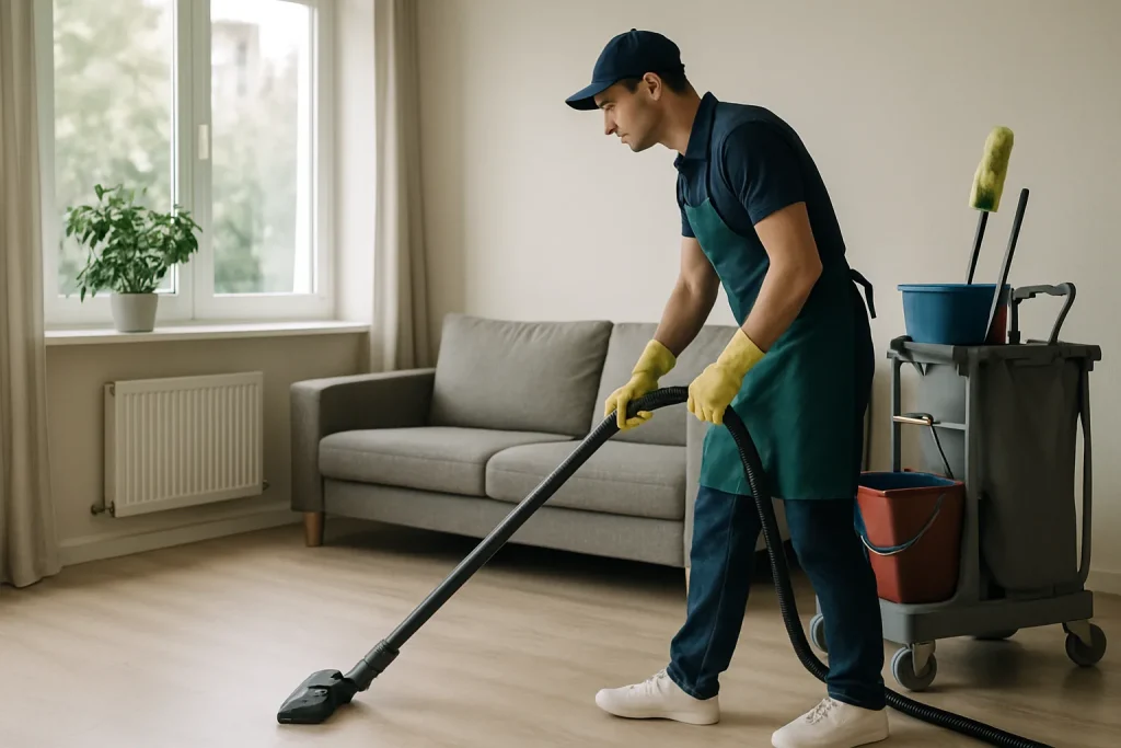 Équipe de nettoyage en plein travail dans un appartement à Plombières-les-Dijon, avec des outils de nettoyage visibles.