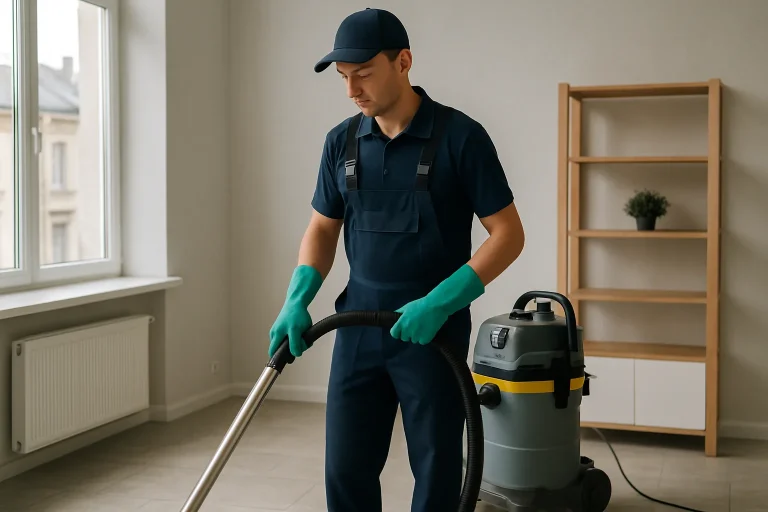 Équipe de nettoyage professionnelle dans un appartement à CHATILLON-SUR-SEINE, en plein nettoyage.
