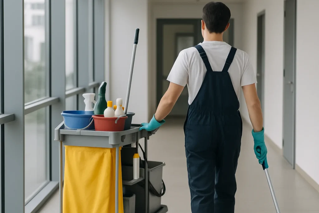 Un technicien en nettoyage dans un appartement lumineux à Varois-et-Chaignot, utilisant des produits modernes.
