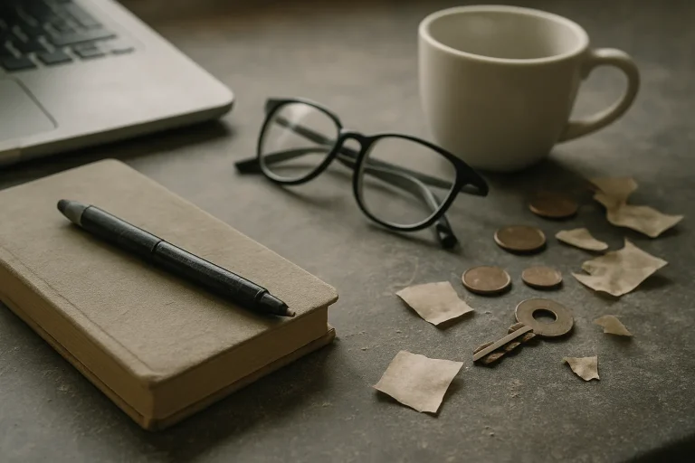 Surface encombrée avec divers objets, illustrant le besoin de nettoyage Diogène.