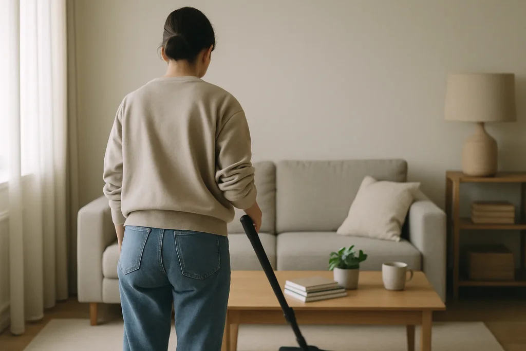 Silhouette de dos nettoyant un salon, meubles rangés, ambiance sereine.