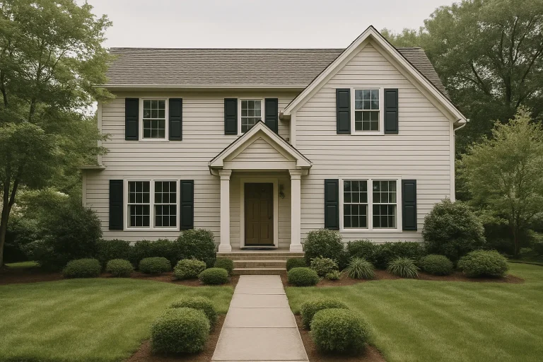 Vue large d'une maison familiale traditionnelle avec jardin, éclairage naturel.