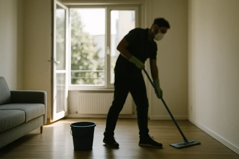 Nettoyeur avec masque travaillant dans un appartement bien éclairé.
