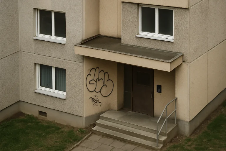 Façade d'immeuble avec graffitis, vue en plongée à la lumière du jour.