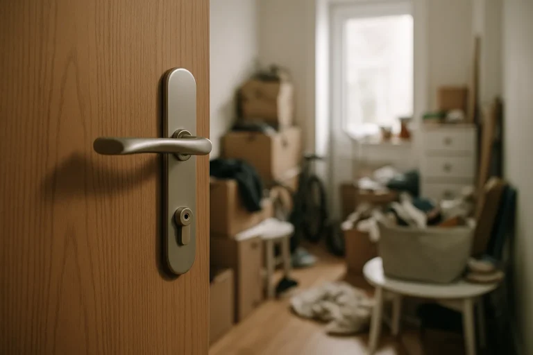 Porte d'appartement ouverte avec vue sur un intérieur encombré et lumineux