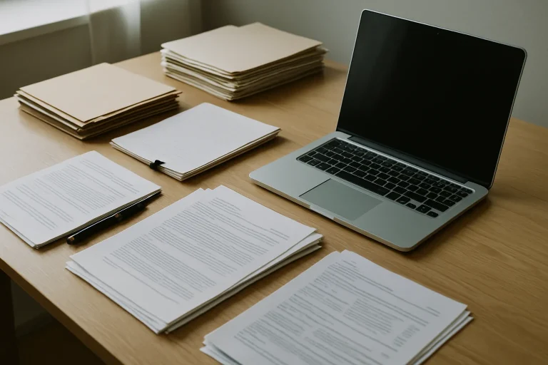 Bureau avec documents organisés et ordinateur portable en vue plongeante.