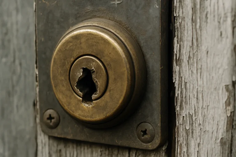 Gros plan sur une serrure endommagée, montrant les signes de squat et vétusté.