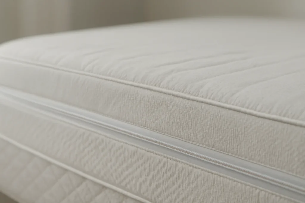 Un matelas protégé par une housse anti-punaises, éclairage doux.