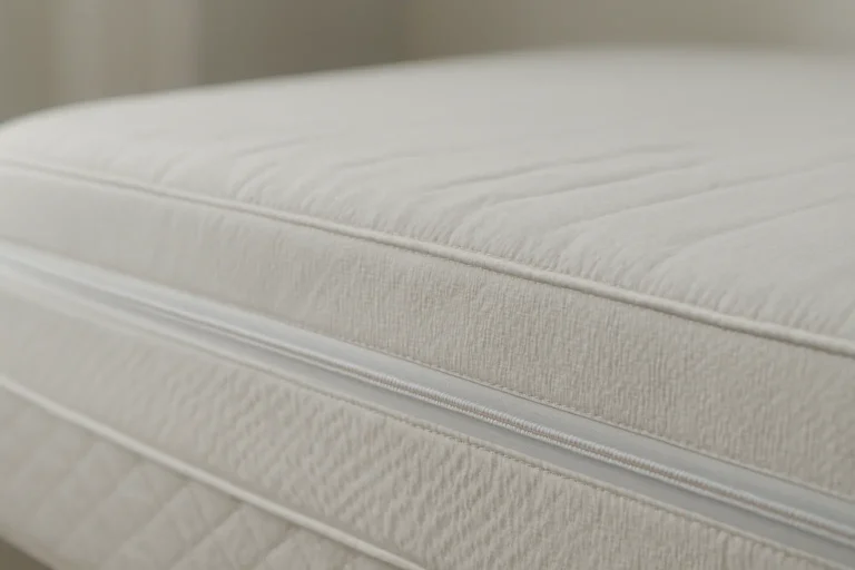 Un matelas protégé par une housse anti-punaises, éclairage doux.