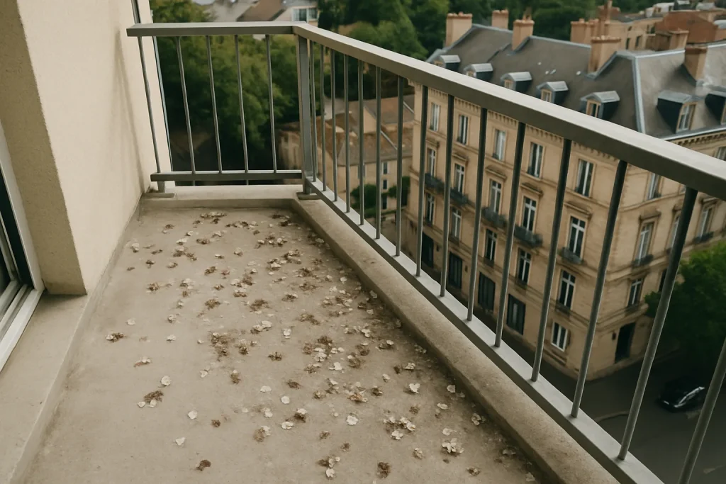 Fientes de pigeon sur un balcon d'immeuble à Dijon, vue en plongée