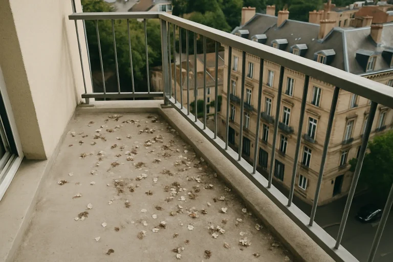 Fientes de pigeon sur un balcon d'immeuble à Dijon, vue en plongée