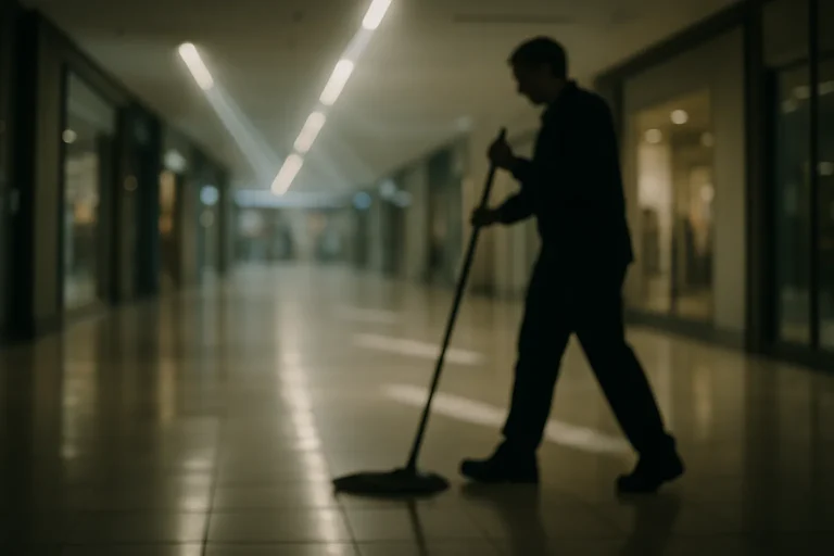 Scène de nettoyage dans un local commercial la nuit avec une silhouette floue d'un agent de nettoyage.
