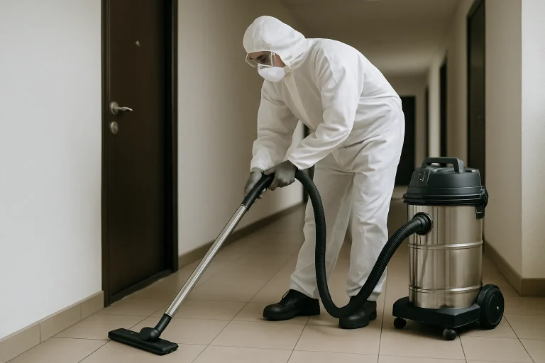 Nettoyeur en combinaison de sécurité utilisant un aspirateur dans un couloir de copropriété.