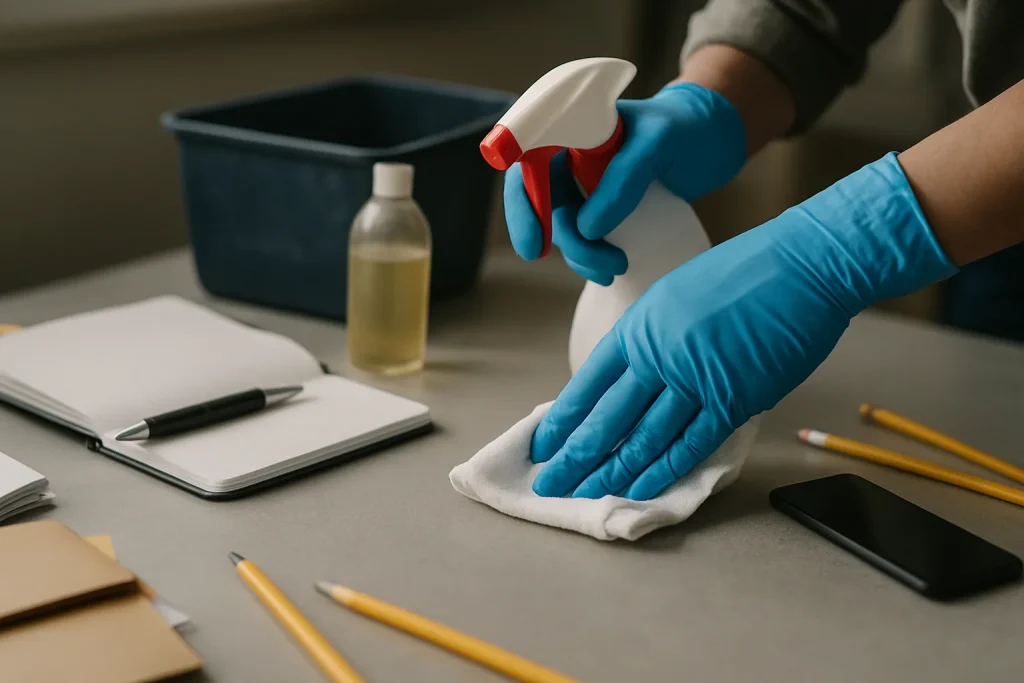 Mains gantées nettoyant une surface insalubre avec des outils à Dijon.