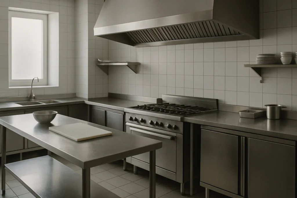 Cuisine de restaurant propre avec plans de travail visibles, lumière douce.
