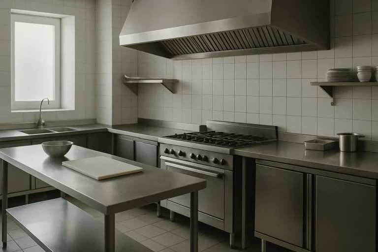 Cuisine de restaurant propre avec plans de travail visibles, lumière douce.