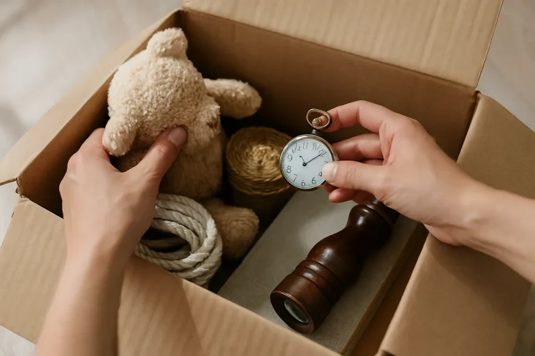 Mains triant des objets dans une boîte pour vider une maison après un décès.