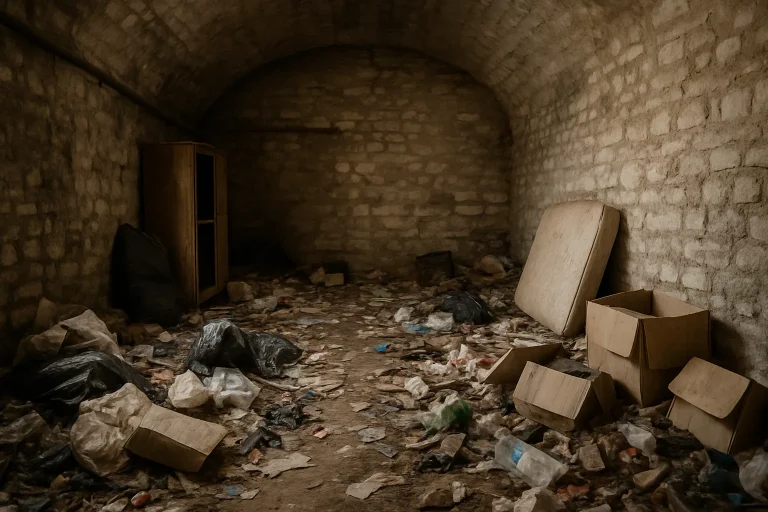 Cave encombrée avec divers déchets, lumière douce, murs en pierre