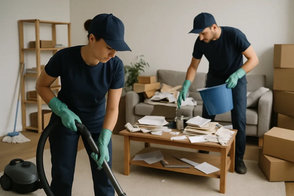 Deux professionnels nettoyant une pièce lors d'une succession, outils visibles