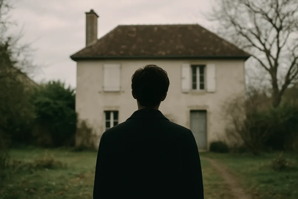 Silhouette de dos contemplant une maison à Montbard, jardin en arrière-plan