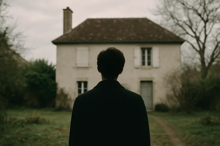 Silhouette de dos contemplant une maison à Montbard, jardin en arrière-plan