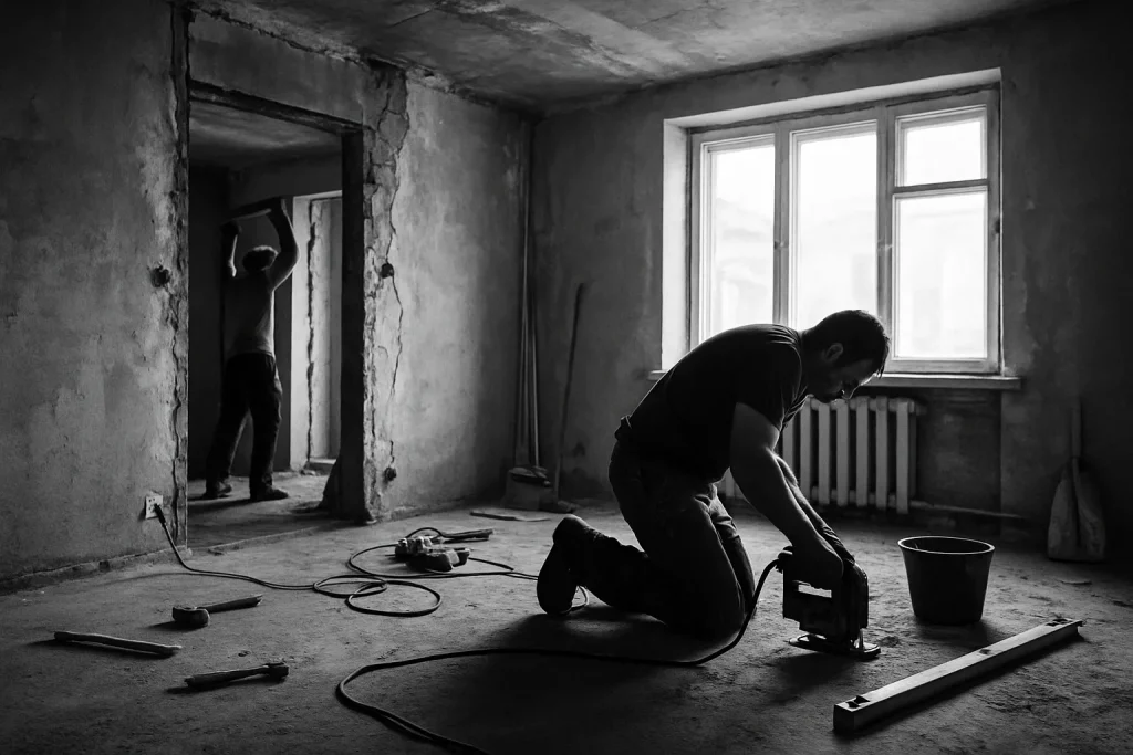 Ouvriers réhabilitant un appartement insalubre à Quetigny, vue en noir et blanc.