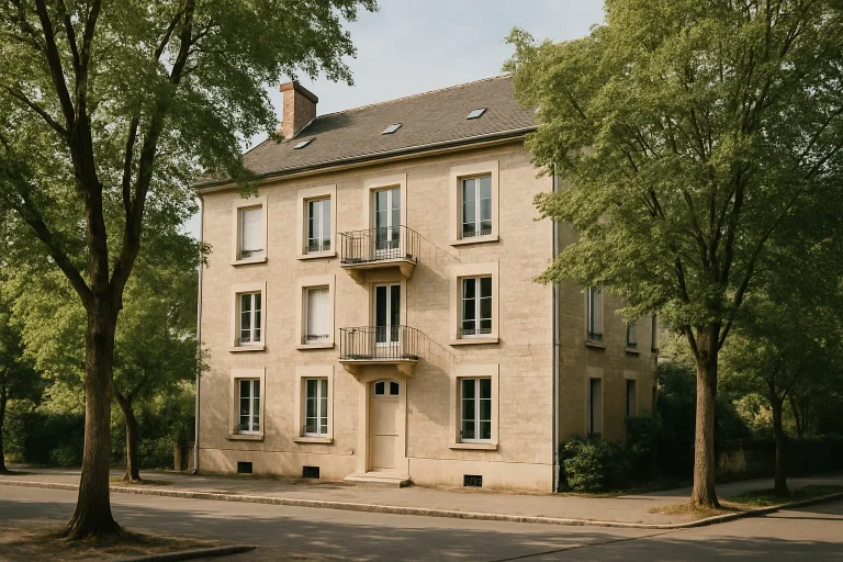 Façade d'immeuble résidentiel en Côte-d'Or avec des arbres, ambiance paisible.
