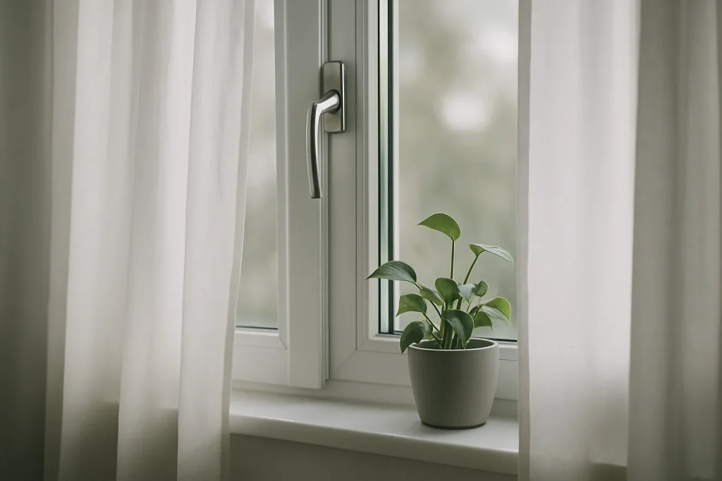 Fenêtre entrouverte avec rideaux et plante sur le rebord, lumière douce