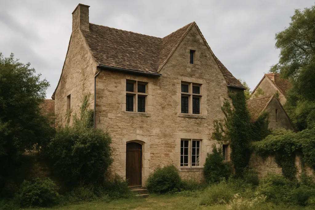 Vue extérieure d'une maison ancienne à Semur-en-Auxois avec végétation envahissante