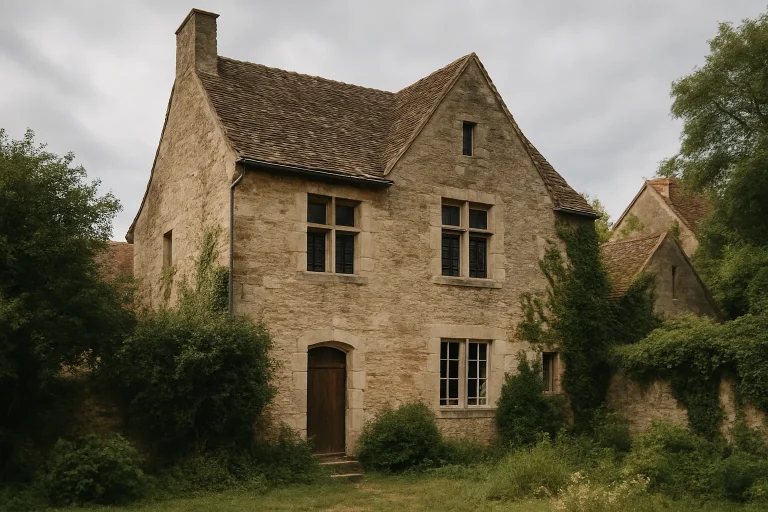 Vue extérieure d'une maison ancienne à Semur-en-Auxois avec végétation envahissante