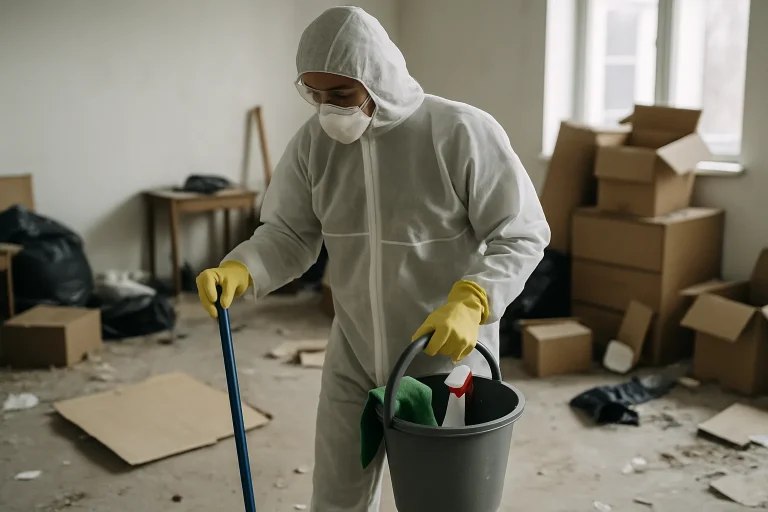 Professionnel en combinaison de protection nettoyant une maison infestée de rats, utilisant des outils spécifiques, intérieur en désordre.