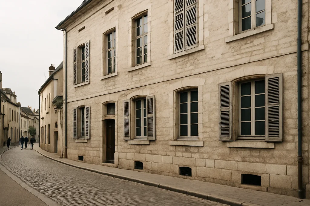 Façade en pierre d'un immeuble historique à Beaune avec des passants dans la rue