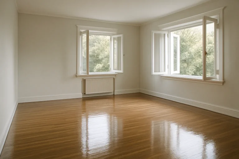 Salon vide lumineux avec parquet brillant, prêt pour l'état des lieux.