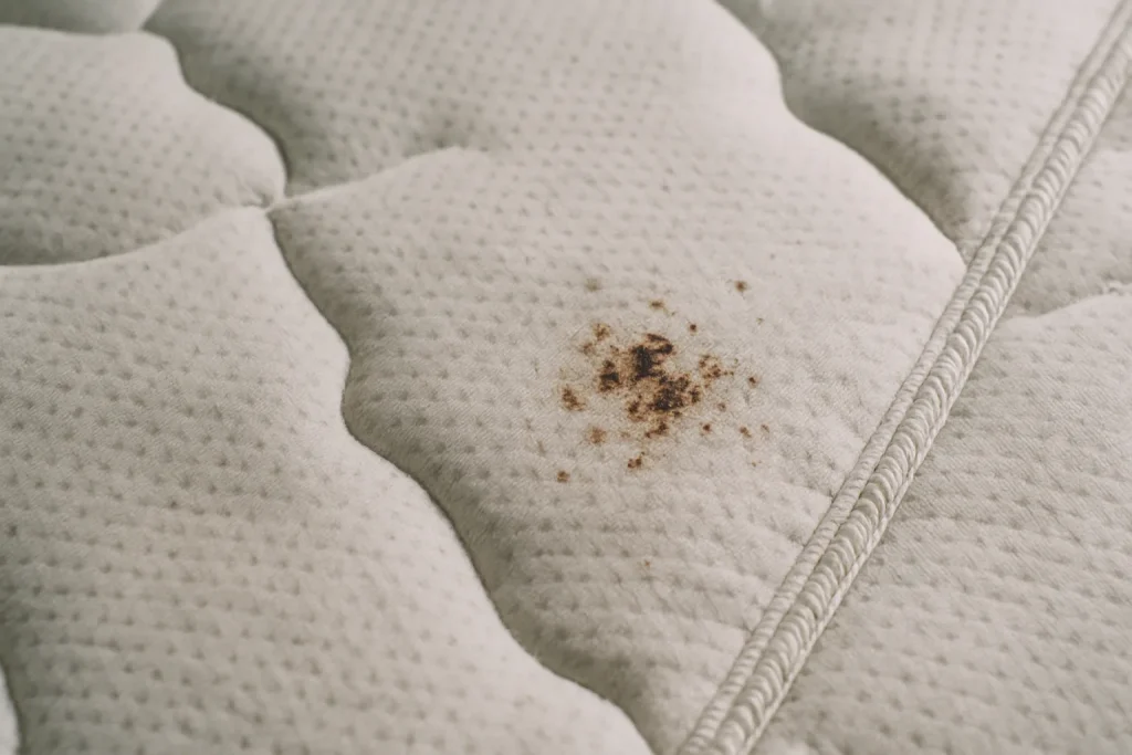 Gros plan d'un matelas avec traces de punaises de lit, éclairage naturel