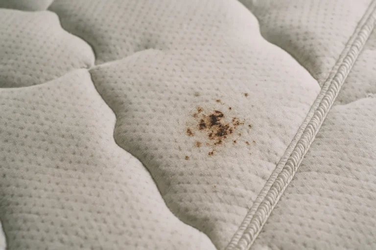Gros plan d'un matelas avec traces de punaises de lit, éclairage naturel