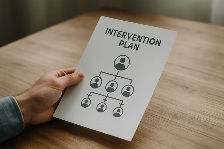 Main tenant un plan avec des icônes de personnes, table en bois en arrière-plan flou