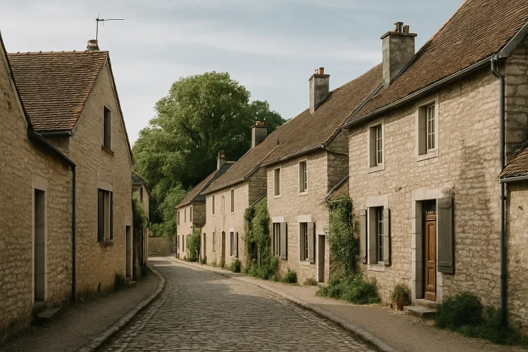 Vue d'un village avec ruelles pavées et maisons en pierre près de Dijon