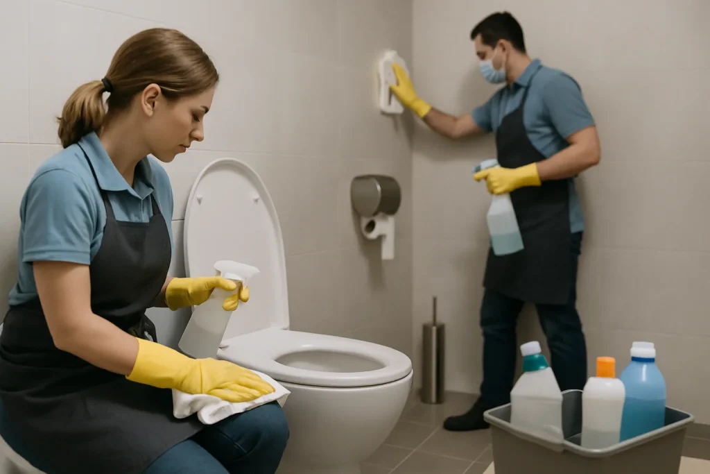 Équipe de nettoyage désinfectant un sanitaire de bureau avec des produits visibles