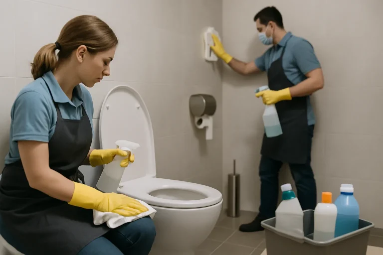 Équipe de nettoyage désinfectant un sanitaire de bureau avec des produits visibles