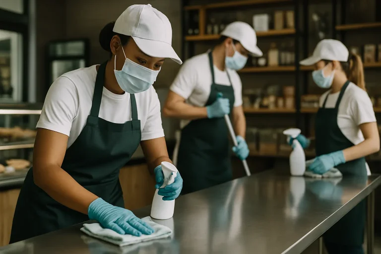 Équipe de nettoyage désinfectant un comptoir dans un commerce alimentaire, lumière neutre