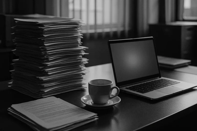 Bureau administratif avec documents et ordinateur, style noir et blanc