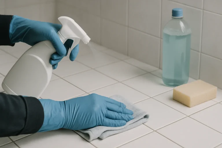 Deux mains gantées appliquent un désinfectant sur une surface carrelée.