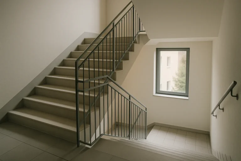 Cage d'escalier moderne en copropriété avec lumière douce et architecture épurée.
