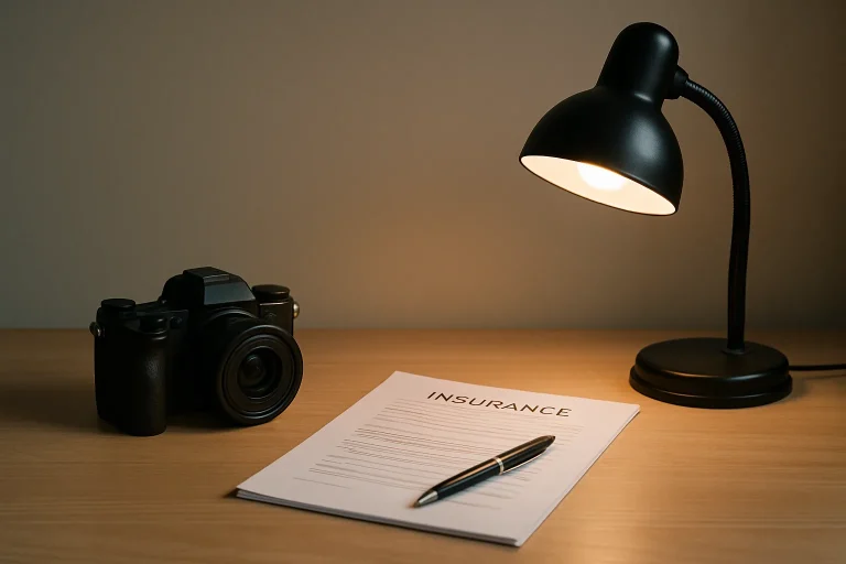 Appareil photo numérique, documents d'assurance, lampe de bureau sur fond uni.